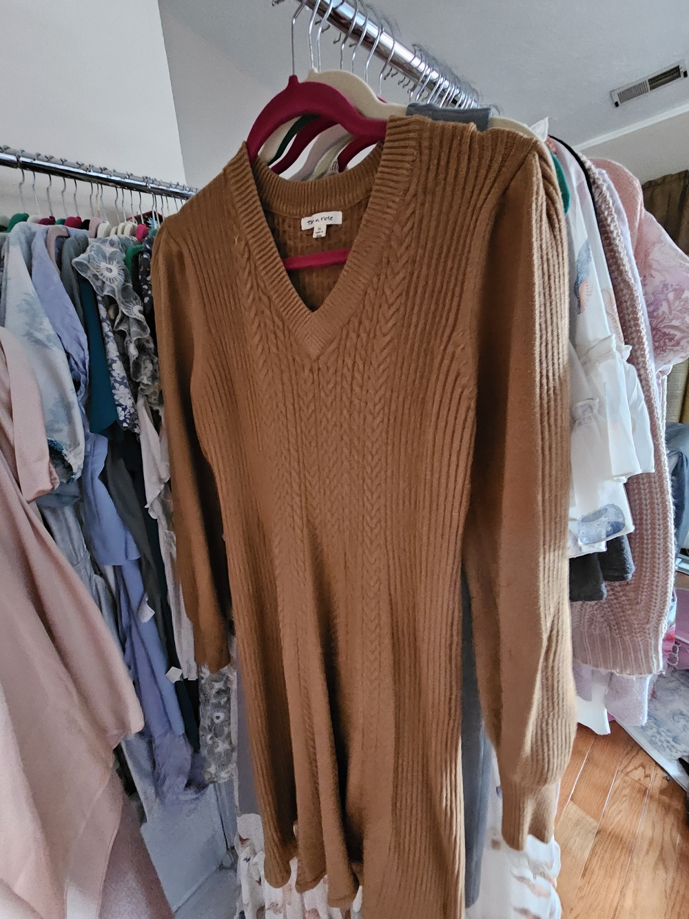 Soft V-Neck Ribbed Long Sweater Dress - Camel